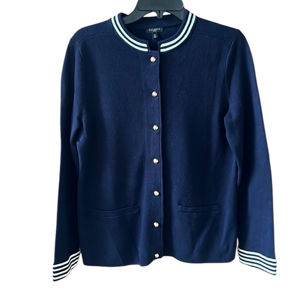 Talbots New no Tag Petite M Navy Stripe Trim Cardigan “Lady Jacket” Cotton Silk - Picture 1 of 8